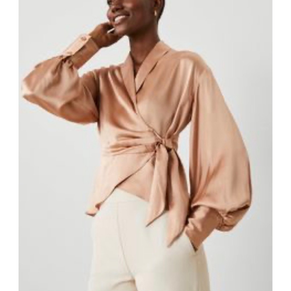 NWT Ann Taylor The Studio Collection 100% Silk Wrap Blouse Top Long Sleeve Tan S